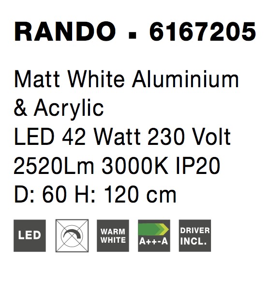 RANDO | H 120 D 60 cm | 54 W | 3000 K | 2124 lm | IP20 | White | Aluminum/Acrylic