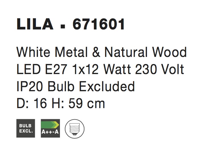 LILA | H 59 D 16 cm | 12 W | IP20 | White | Metal/Wood