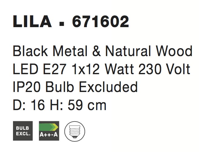 LILA | H 59 D 16 cm | 12 W | IP20 | Black | Metal/Wood