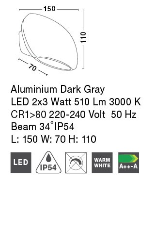 COMO | L 15 W 7 H 11 cm | 6 W | 3000 K | 510 lm | IP54 | Dark Gray | Aluminum