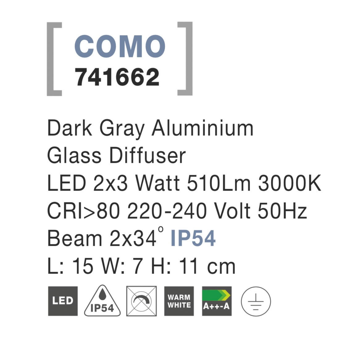 COMO | L 15 W 7 H 11 cm | 6 W | 3000 K | 510 lm | IP54 | Dark Gray | Aluminum