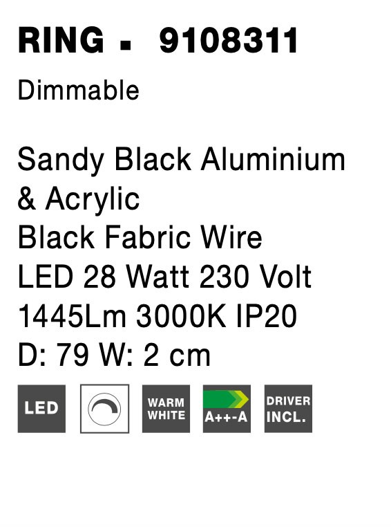 RING | W 2 D 79 cm | 30 W | 3000 K | 1445 lm | IP20 | Black | Aluminum/Acrylic