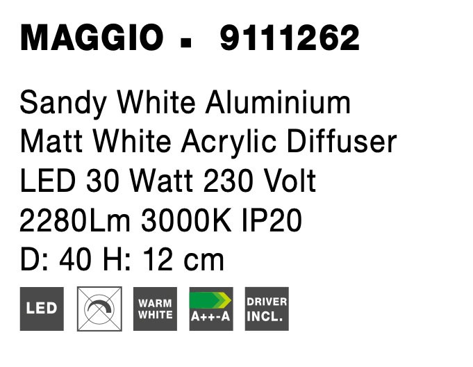 MAGGIO | H 12 D 40 cm | 24 W | 3000 K | 2280 lm | IP20 | White | Aluminum/Acrylic