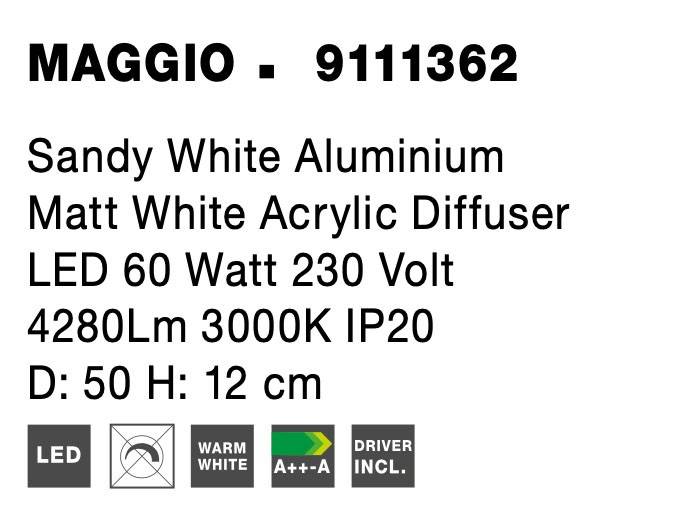MAGGIO | H 12 D 50 cm | 60 W | 3000 K | 4280 lm | IP20 | White | Aluminum/Acrylic