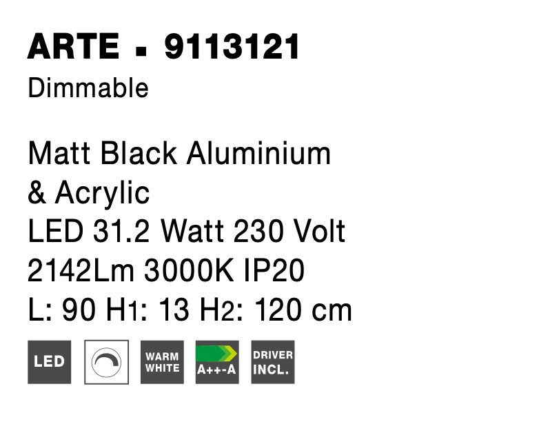 ARTE | L 90 cm | 29 W | 3000 K | 2449 lm | IP20 | Black | Aluminum/Acrylic