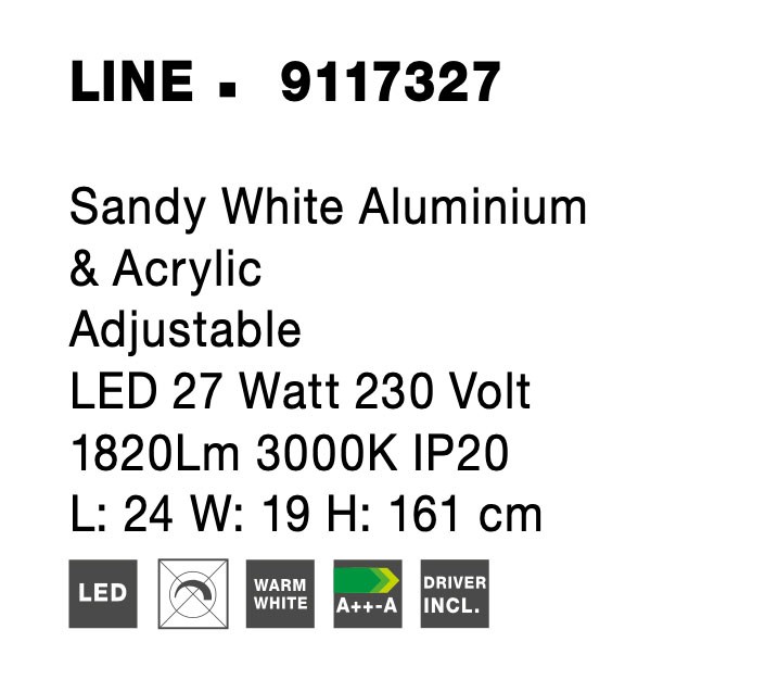 LINE | L 24 W 19 H 161 cm | 27 W | 3000 K | 1820 lm | IP20 | Λευκό | Αλουμίνιο/Ακρυλικό