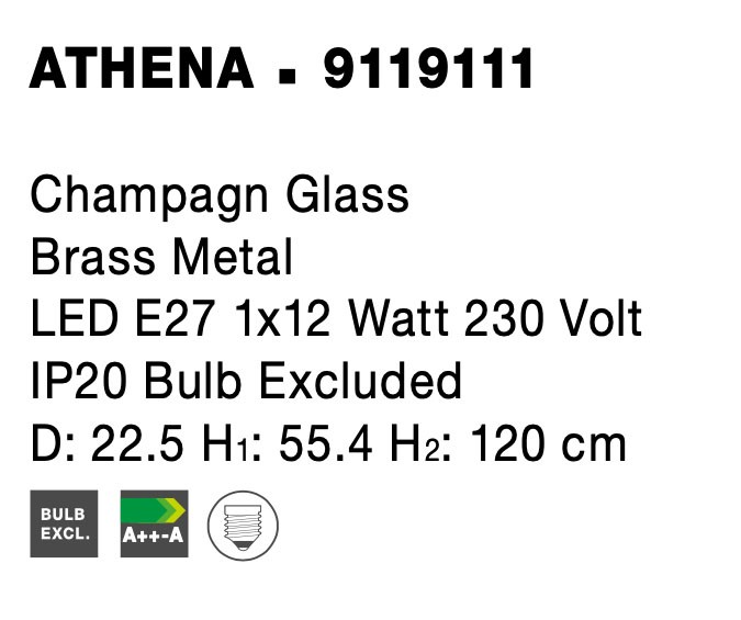 ATHENA | H 120 D 22.5 cm | 12 W | IP20 | Brass/Amber | Glass/Metal