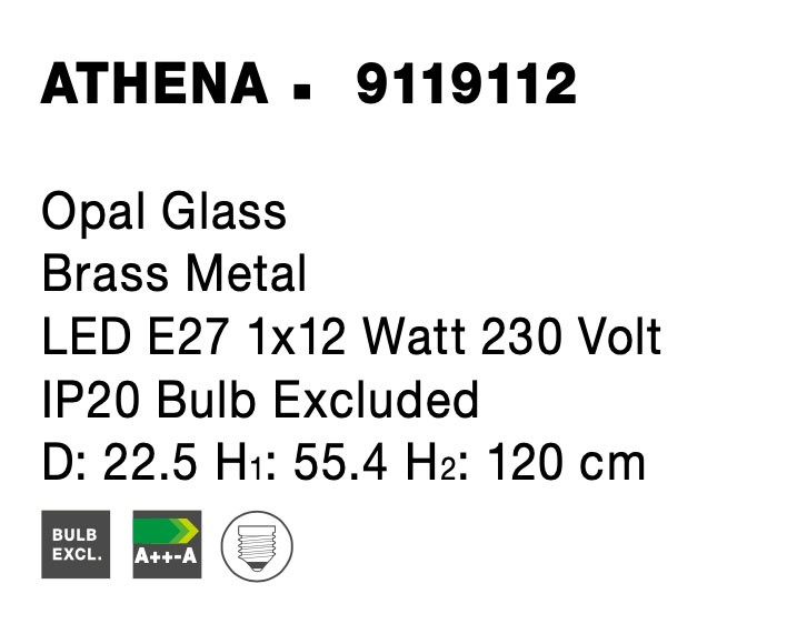 ATHENA | H 120 D 25 cm | 12 W | IP20 | White/Brass | Glass/Metal