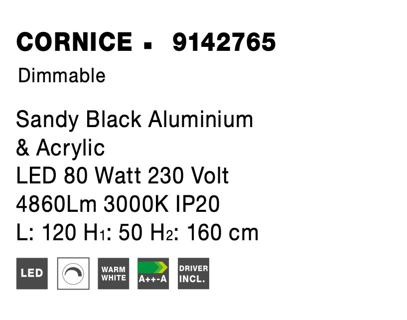 CORNICE | L 120 cm | 91 W | 3000 K | 4860 lm | IP20 | Black | Aluminum/Acrylic