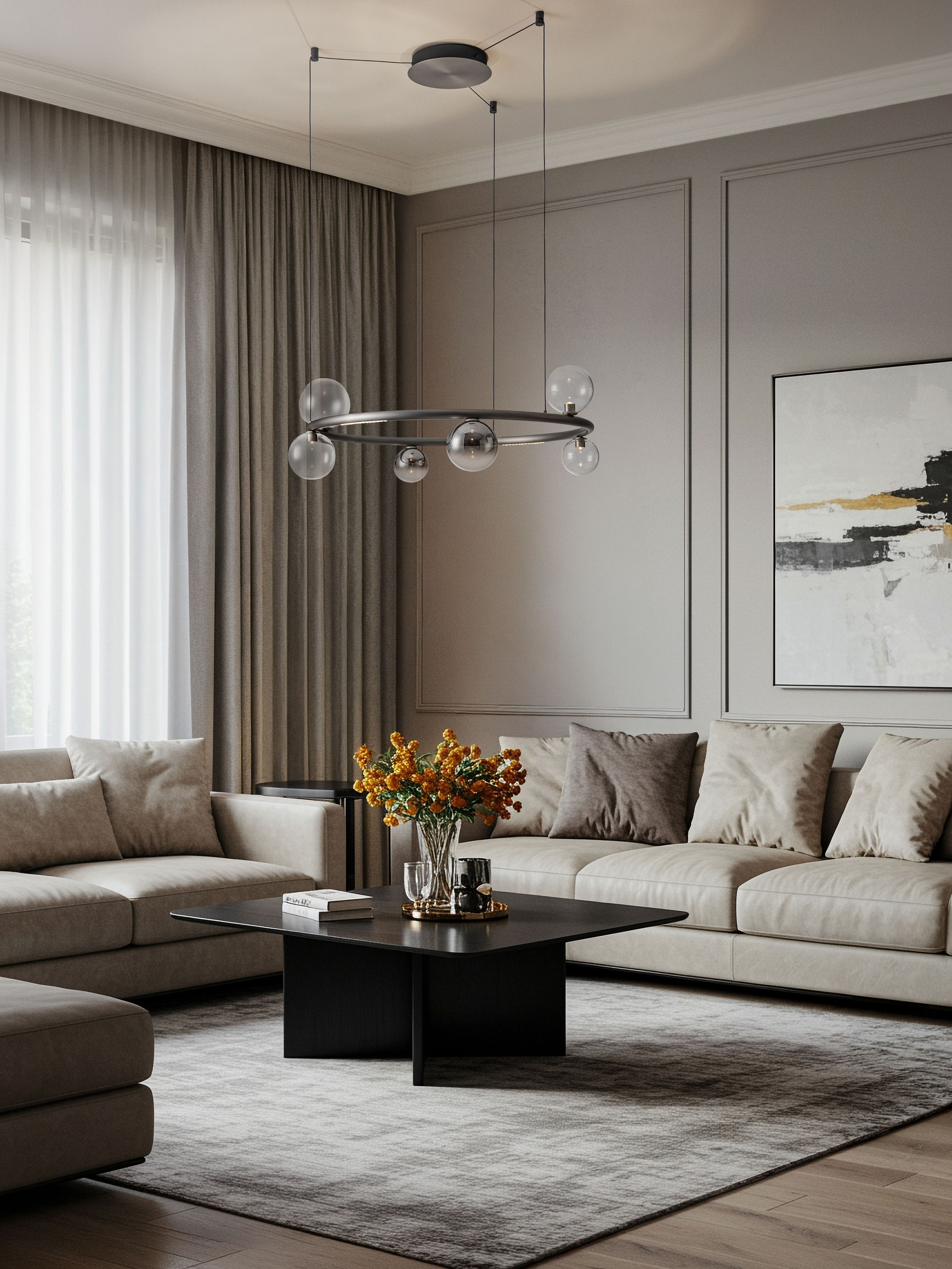 CELSO | H 220 D 75 cm | 30 W | 3000 K | 2319 lm | IP20 | Ασήμι/Διάφανο/Smokey | Ατσάλι/Γυαλί/Αλουμίνιο