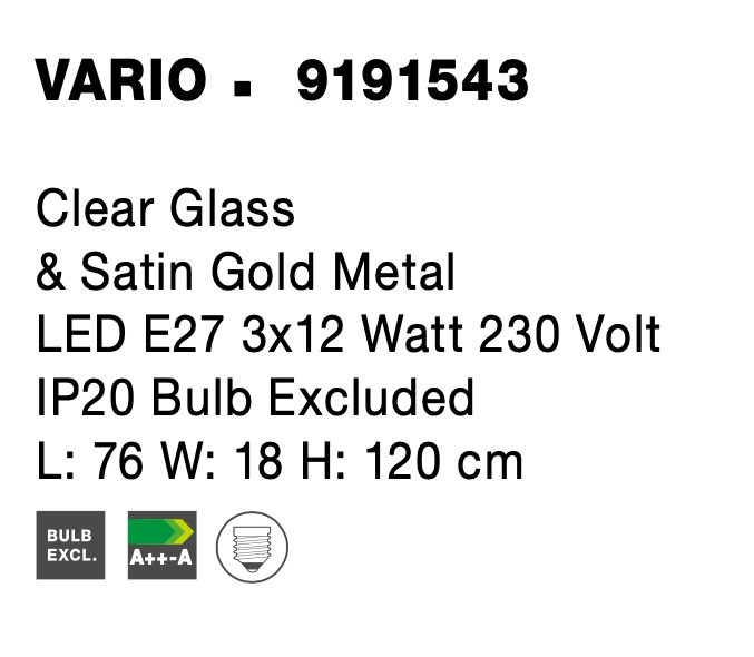 VARIO | L 76 W 18 H 120 cm | 36 W | IP20 | Gold/Clear | Glass/Metal