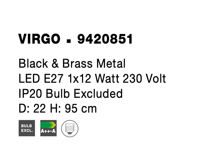 VIRGO | H 95 D 22 cm | 12 W | IP20 | Black | Metal