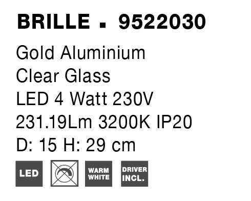 BRILLE | H 29 D 12 cm | 4 W | 3200 K | 231 lm | IP20 | Gold | Aluminum/Acrylic