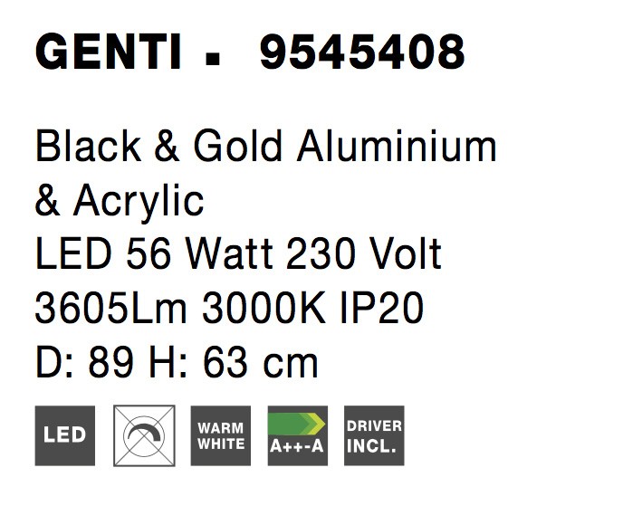 GENTI | H 63 D 89 cm | 54 W | 3000 K | 3606 lm | IP20 | Black/Gold | Aluminum/Acrylic
