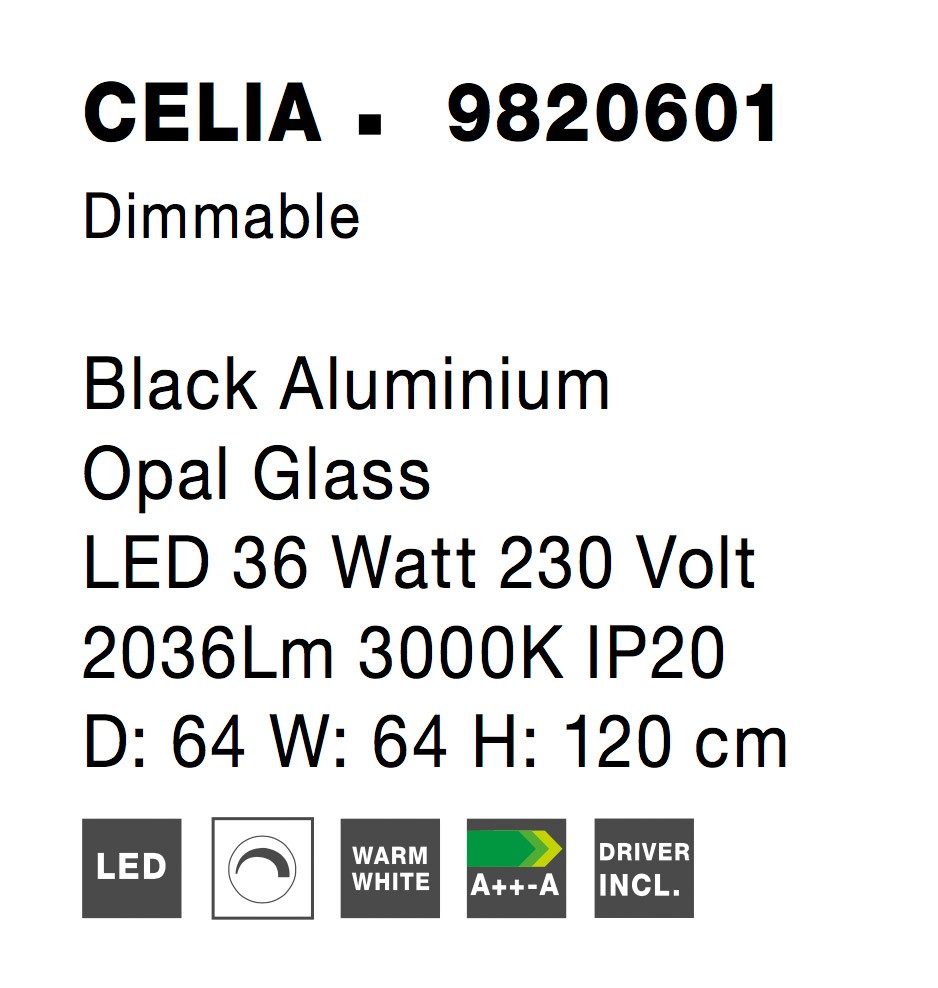 CELIA | W 64 H 120 D 64 cm | 37 W | 3000 K | 3812 lm | IP20 | Black/White | Glass/Aluminum