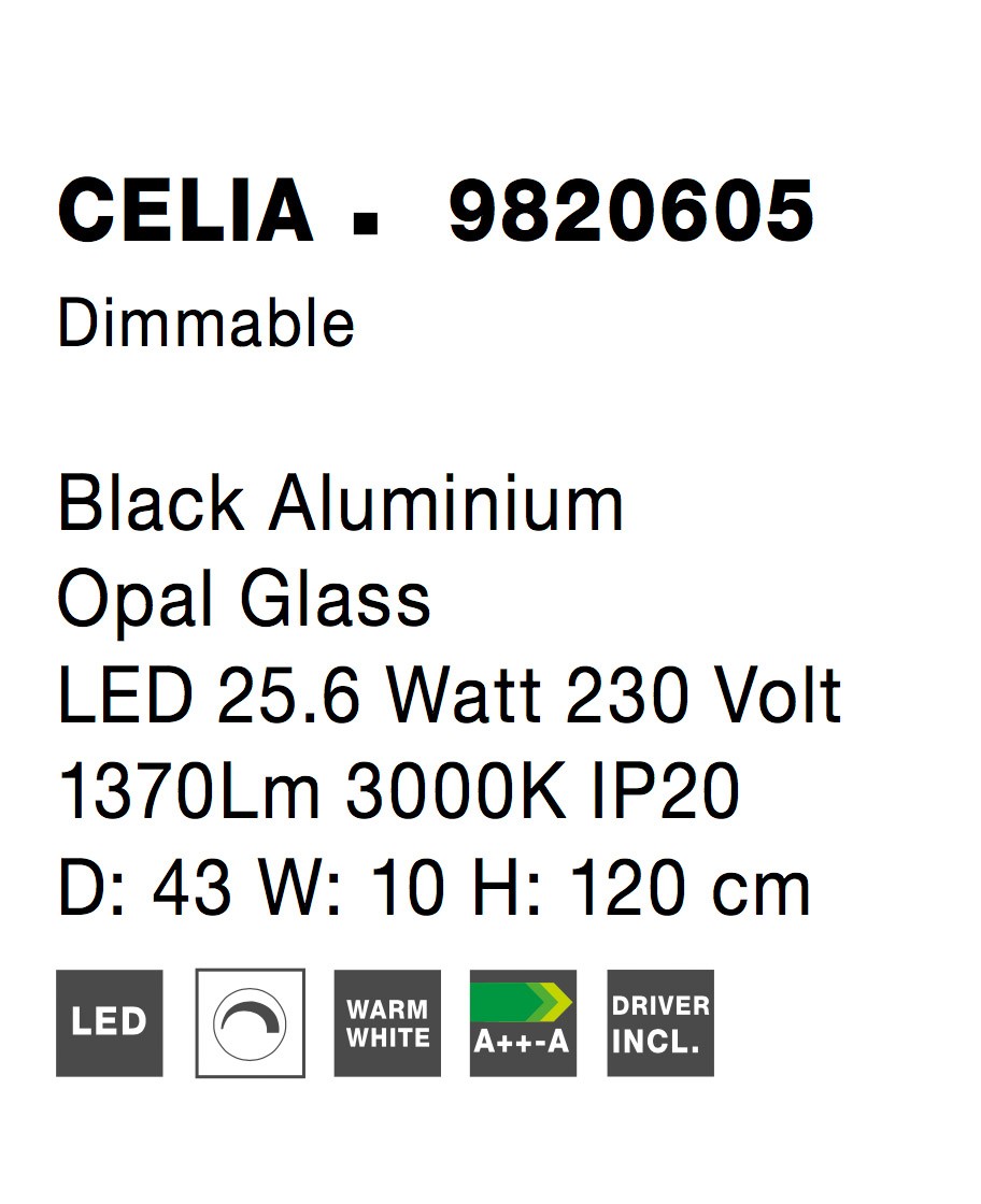 CELIA | W 10 H 120 D 43 cm | 29 W | 3000 K | 3203 lm | IP20 | Black/White | Glass/Aluminum