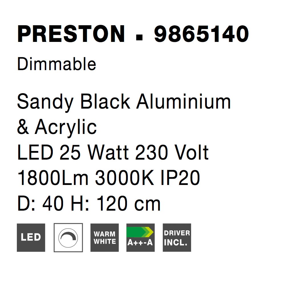 PRESTON | H 120 D 40 cm | 30 W | 3000 K | 1825 lm | IP20 | Black | Aluminum/Acrylic